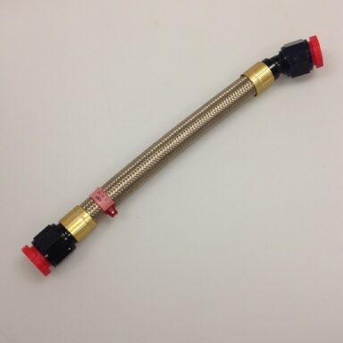Stainless Steel braided CPE rubber Race Hose with new XRP Race Crimp Hose Ends. A clean new option to reusable hose ends on traditional classic Stainless braided rubber hose. This assembly has been pressure tested and tagged for NHRA use