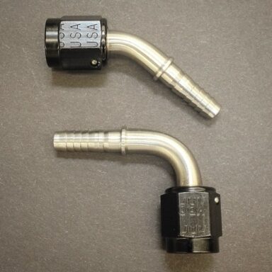 NEW from are these Mechnical Fuel Injection hose ends made to fit male -3 size injector nozzles with a the standard 45 degree SAE flare nose. (Also available for -3 male 37 degree flare)  Crimp-on to 3/16″ ID rubber or -4 stainless braided PTFE hose. These one piece bend hose ends are made from 316 stainless steel with an Aluminum, 2024-T6 pinned on swivel nut and have a .152″ hole through for high fuel flow with less pressure drop. Straights and all standard bends from 30 to 180 degrees