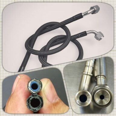 What is the difference between XRP’s  PTFE 3/16″ ID ProPLUS Fuel Injection Hose and 316 Stainless Steel bent tube Hose End assemblies and those injector hoses of others? 
First take a look at the increased bore sizing for higher flow rates, decreased pressure drop and less required pump pressure.  Next take a look at the superb flexibility and then compare the overall cost!  Available in five different reinforcement braid choices of full Stainless,  Aramid,  extra temp black monofilament polymer  braids or a smooth black silicone covered Stainless or Aramid braid