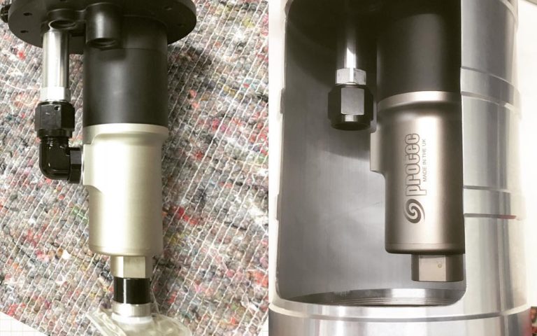 Continuing on with the PRI debut Sneak Peek….Now here is what is inside this beautiful new pressurized surge tank. How about a low amp draw brushless motor with integral controller that is driving a screw delivery fuel pump that, when connected to 13.8Vdc, is going to put out around 410 liters per hour (108 gallons) at 3 bar (about 44 psi) while drawing only 8 amps, yet will keep putting out 350 liters (93 gallons) at 6 bar (about 87psi) pulling down only 13.6 amps!?? Still want more fuel?? Stay tuned for the new brushless motor driven spur gear pumps coming to PRI as well that fit nicely inside these tanks as well as drop in units for the standard fuel cell oval fill plates Peninsula 225